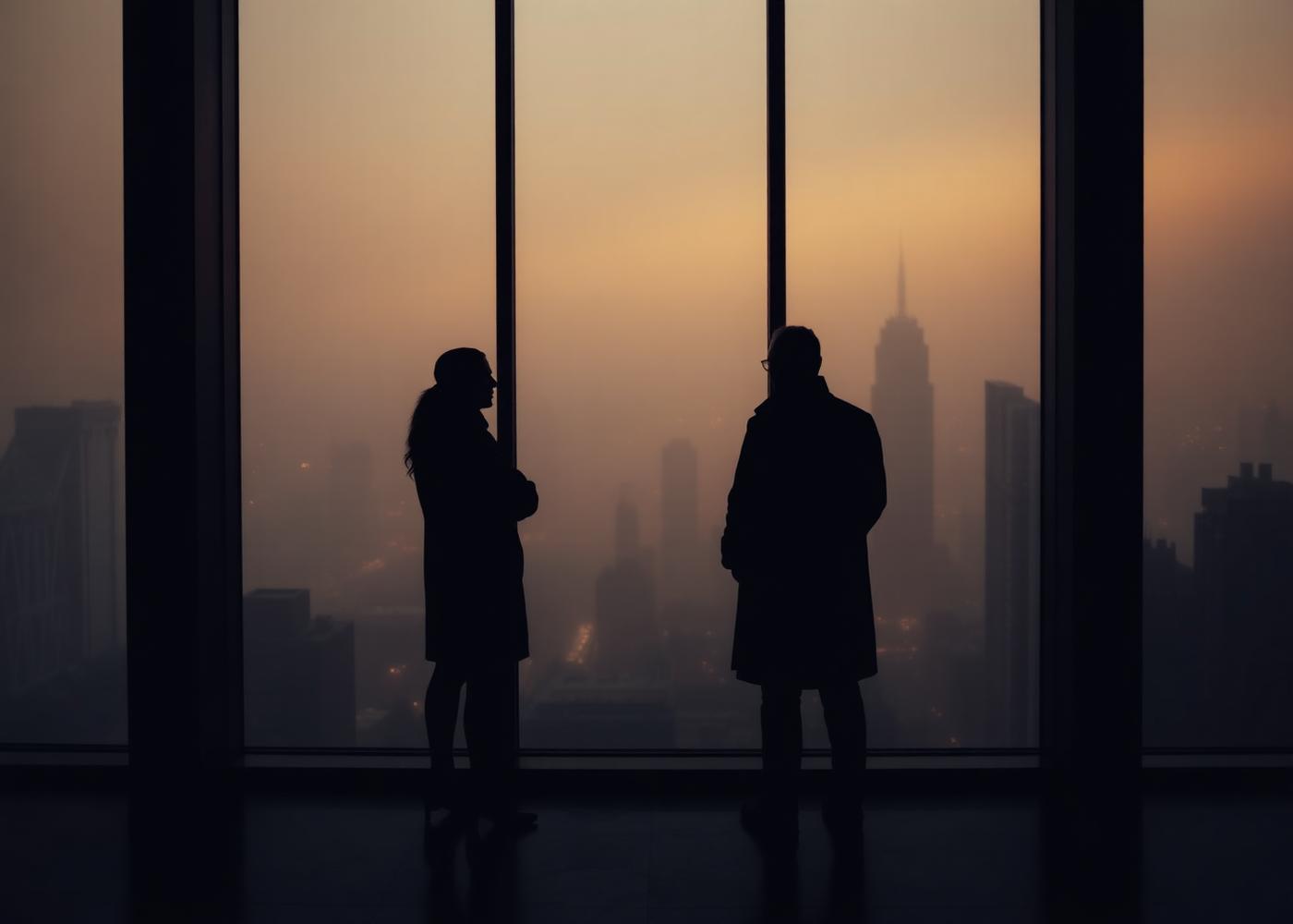 Two figures in conversation at dawn