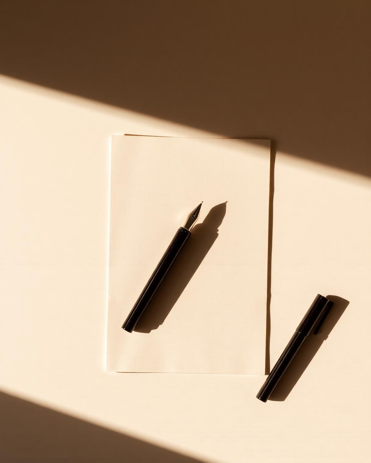 A single sheet of paper and a fountain pen catching morning light