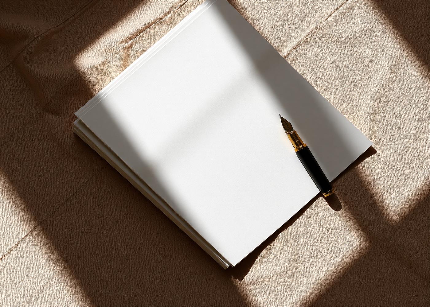 A stack of manuscript pages beside a fountain pen on warm linen, softly lit